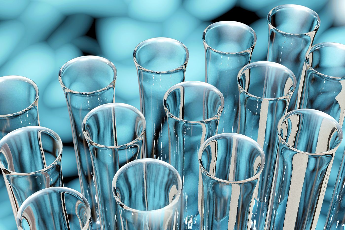 A row of clean laboratory test tubes in a rack
